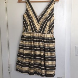 Gold and grey striped fit and flare cocktail dress